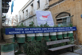 Sign on the frontier in the divided capital, Nicosia, saying: Nothing is gained without sacrifices and freedom without blood